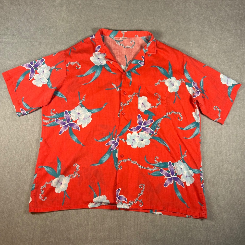 Vintage Designer Collection Mens XL Red Floral Hawaiian Camp Shirt Made in USA